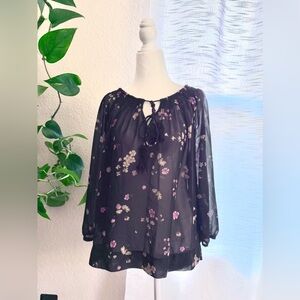 Chelsea & Theodore 100% Cotton Black and Pink Boho Floral Peasant Blouse
